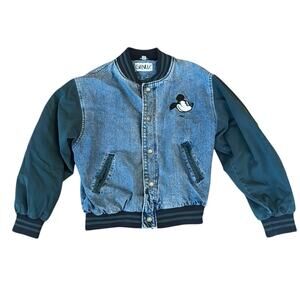 Vintage90s Disney Micky Mouse Denim Blue Green Snap Varsity Jacket Size M